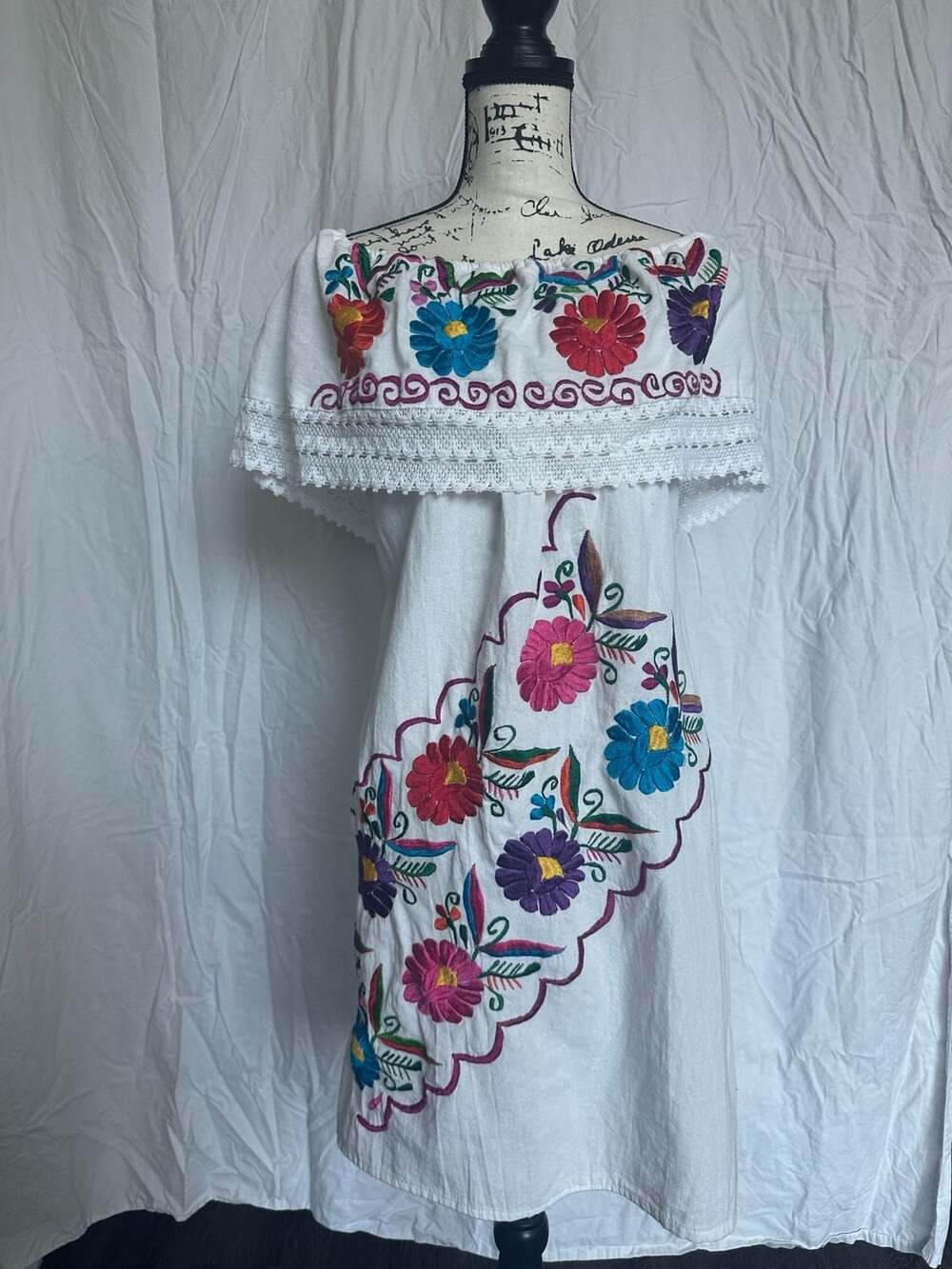 Off-Shoulder Floral Embroidered Mexican Style Boho Dress